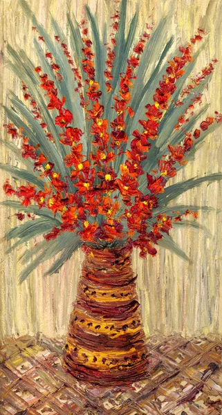 Натюрморт з олією. Букет з гілочками яскраво-червоних квітів — стокове фото