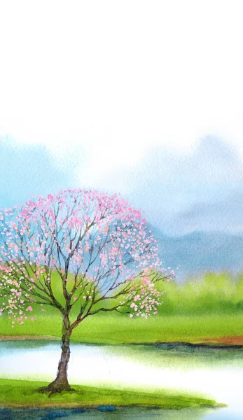 Акварельний пейзаж. Квітуче дерево біля озера — стокове фото
