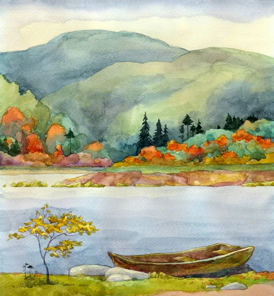 Watercolor landscape. Autumn Lake — Stock Photo, Image