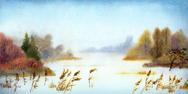 Paysage aquarelle. Lac d'hiver — Photo