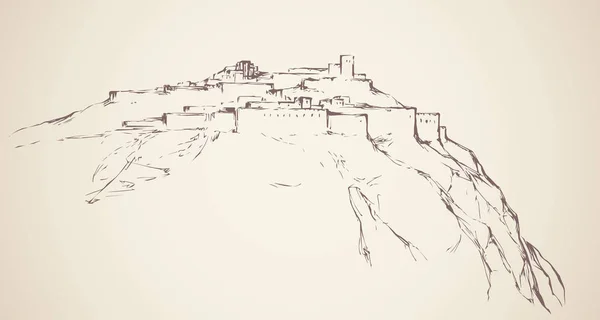 岩の上の古代都市。ベクトル描画 — ストックベクタ