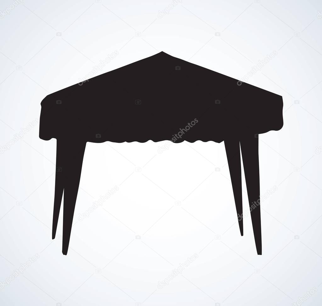 Big portable shade pop booth tarpaulin velarium on white backdrop. Dark ink hand drawn logo in art retro contour print style. Closeup view with space for text