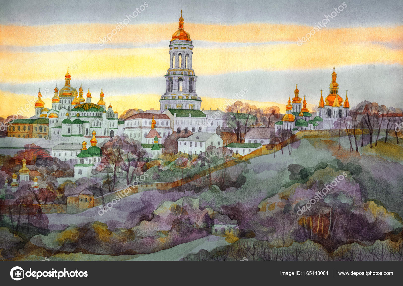 Acquerello di luminosi colorati disegnati a mano disegno su carta con spazio per testo sul cielo di crepuscolo Famosi edifici me vali di Kiev Pechersk