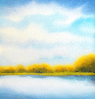 Suluboya manzara. Beyaz bulutların üstünde göl üzerinde mavi gökyüzü