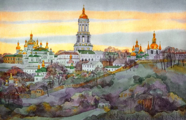 水彩的城市景观。古老的修道院在暮霭山 — 图库照片