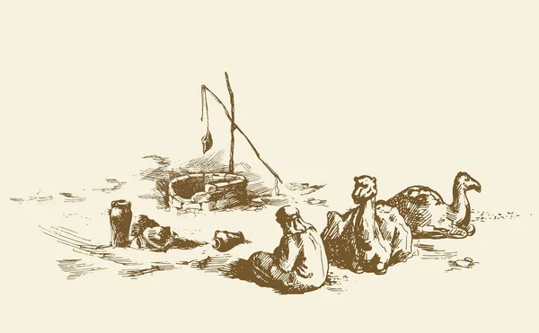 Man en kamelen op verdorde goed in woestijn. Vector tekening — Stockvector