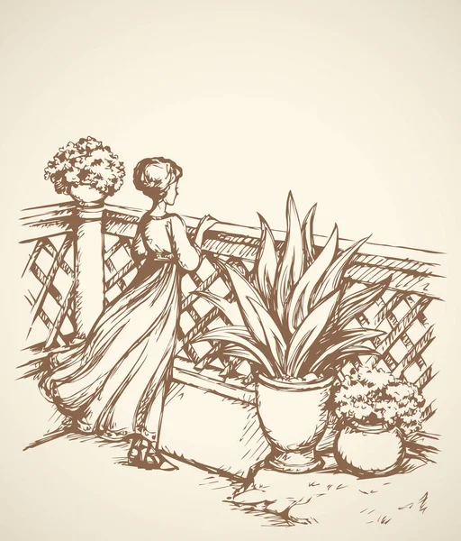 Mujer en la terraza. Dibujo vectorial — Vector de stock