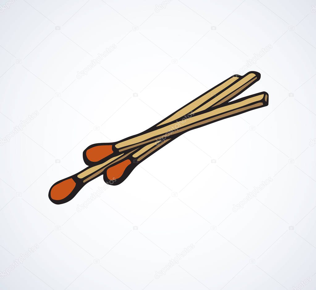 Group of kitchen sulphur-head match set for fiery bonfire on light backdrop. Freehand line black ink hand drawn logo sketchy in art retro scribble style pen on paper. Closeup view with space for text