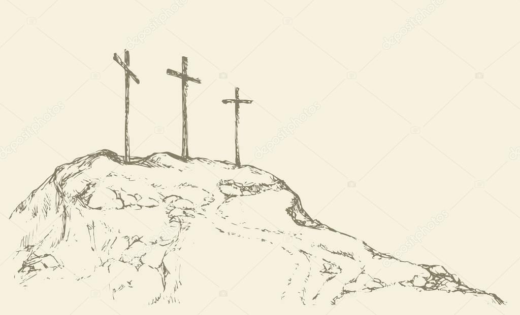 Three crosses stand on  light sky backdrop