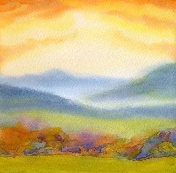 Paysage aquarelle. Coucher de soleil sur les montagnes — Photo