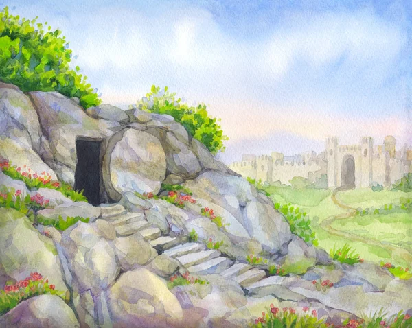 Açık boş mezar. Suluboya resim