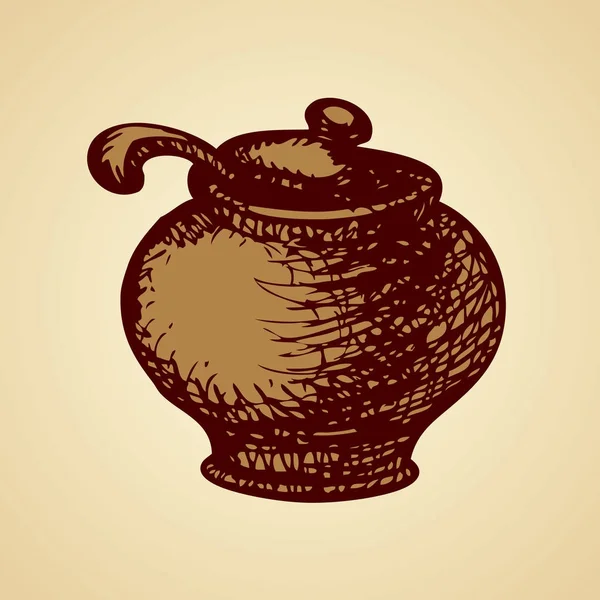 Pot d'argile avec cuillère. Croquis vectoriel — Image vectorielle