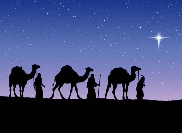Three Wise kings following Star of Bethlehem. Vector illustratio — Stock Vector