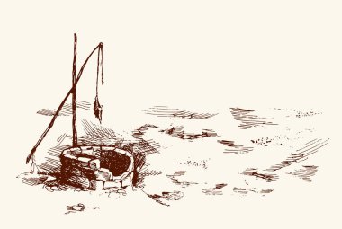 Adam ve deve, iyi çöl solmuş. Vektör çizim