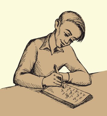 Çocuk mektup yazıyor. Vektör çizim