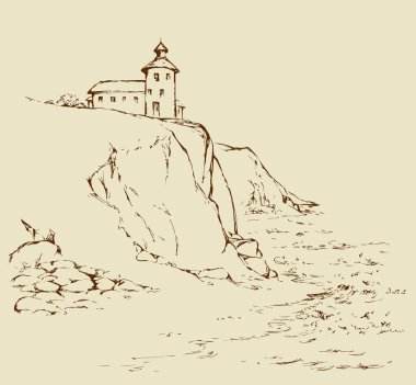 Bir kayanın üzerinde deniz feneri. Vektör çizim