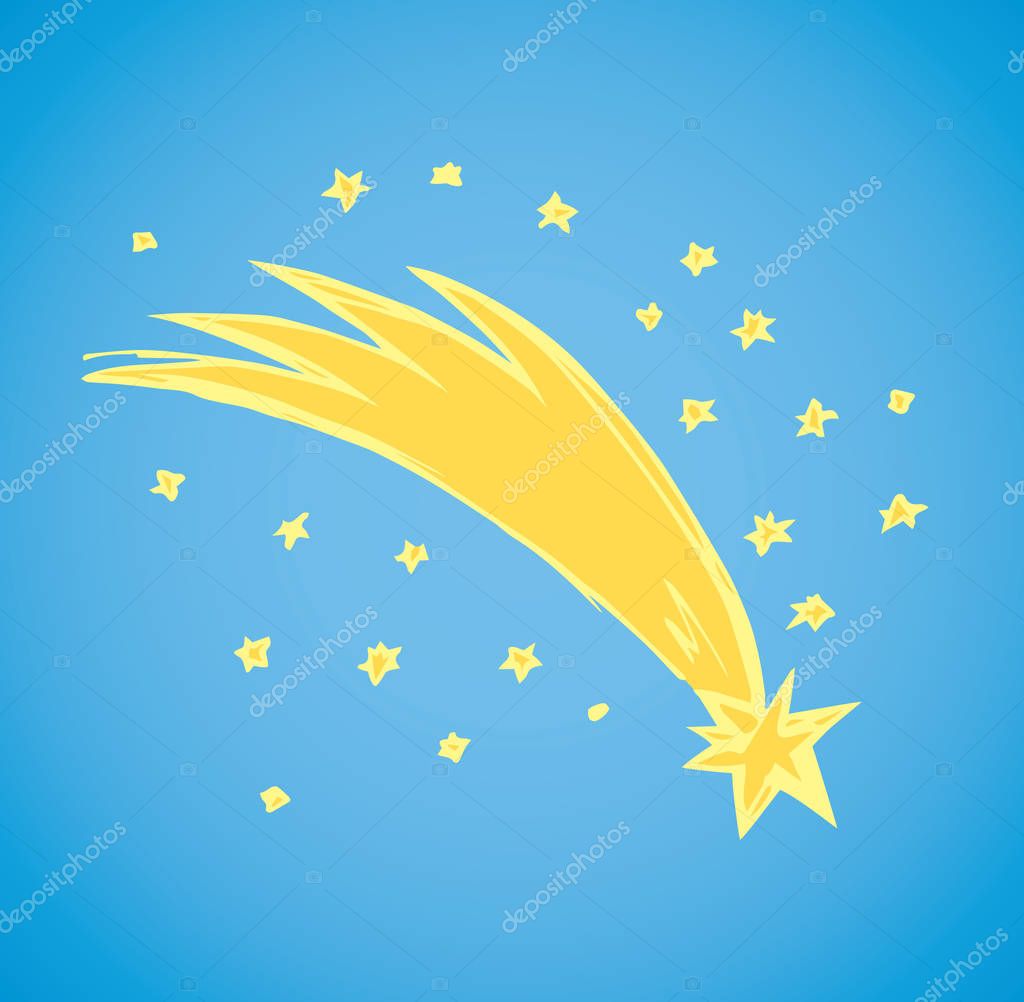Cute starburst sparks on dark blue nighttime backdrop. Greeting xmas dusk eve pictogram emblem. Bright orange handdrawn design sketchy in art retro doodle style with space for text