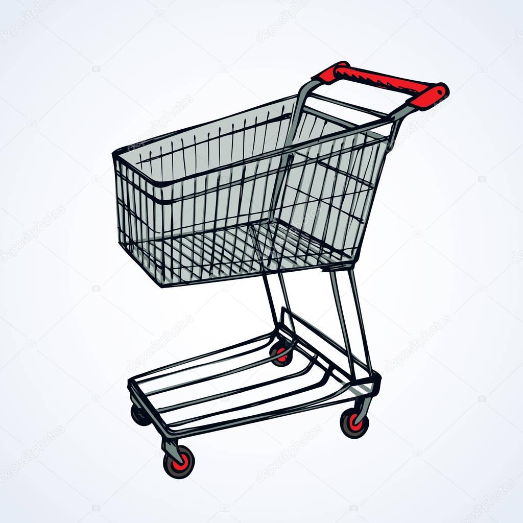Empty big old red warehouse trolly wagon isolated on white background. Bright color drawn logo sign for e spend picture sketchy in art scribble style. Closeup side view with space for text