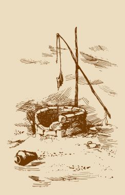 Adam ve deve, iyi çöl solmuş. Vektör çizim