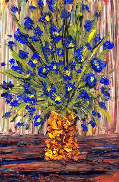 तरीही जीवन तेल. पिवळ्या वासमध्ये निळ्या फुलांचा बुक्वेट — स्टॉक फोटो, इमेज