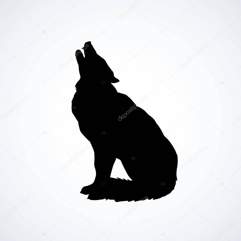 Furry gray canidae lagopus lupus stand on light sky backdrop. Dark ink hand drawn picture logotype in art retro contour print style. Closeup side view with space for text