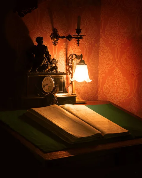 Kuno masih hidup. Buku di bawah lampu — Stok Foto