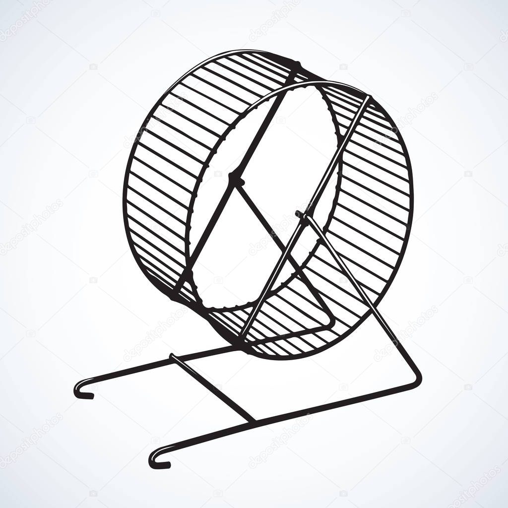 Plastic gyrate guinea race trap for home terrarium on light backdrop. Outline  household cartoon logotype concept. Linear dark ink hand drawn emblem sketch in art retro contour style pen on paper