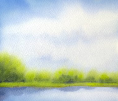 Suluboya manzara. Beyaz bulutların üstünde göl üzerinde mavi gökyüzü