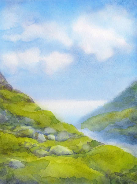 Paisagem aquarela. Dia de verão nublado em montanhas perto do lago — Fotografia de Stock