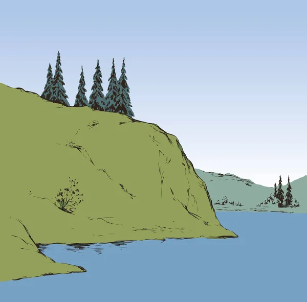 川を見下ろす丘の上にもみ。ベクトル描画 — ストックベクタ