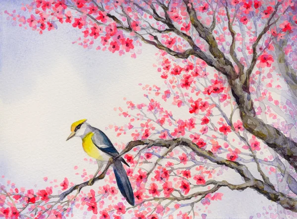 Beautiful bird on flowering branch. Watercolor painting — Stock Photo, Image
