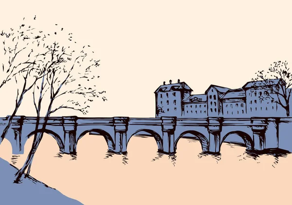 Panoráma města s mostem přes řeku. Vektorové kreslení — Stockový vektor