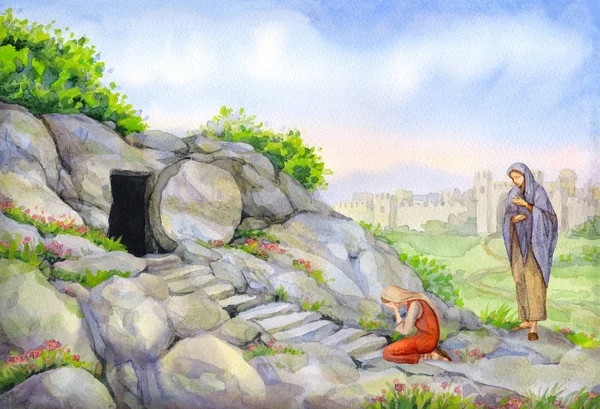 Open empty tomb. Watercolor painting — Stock Photo, Image