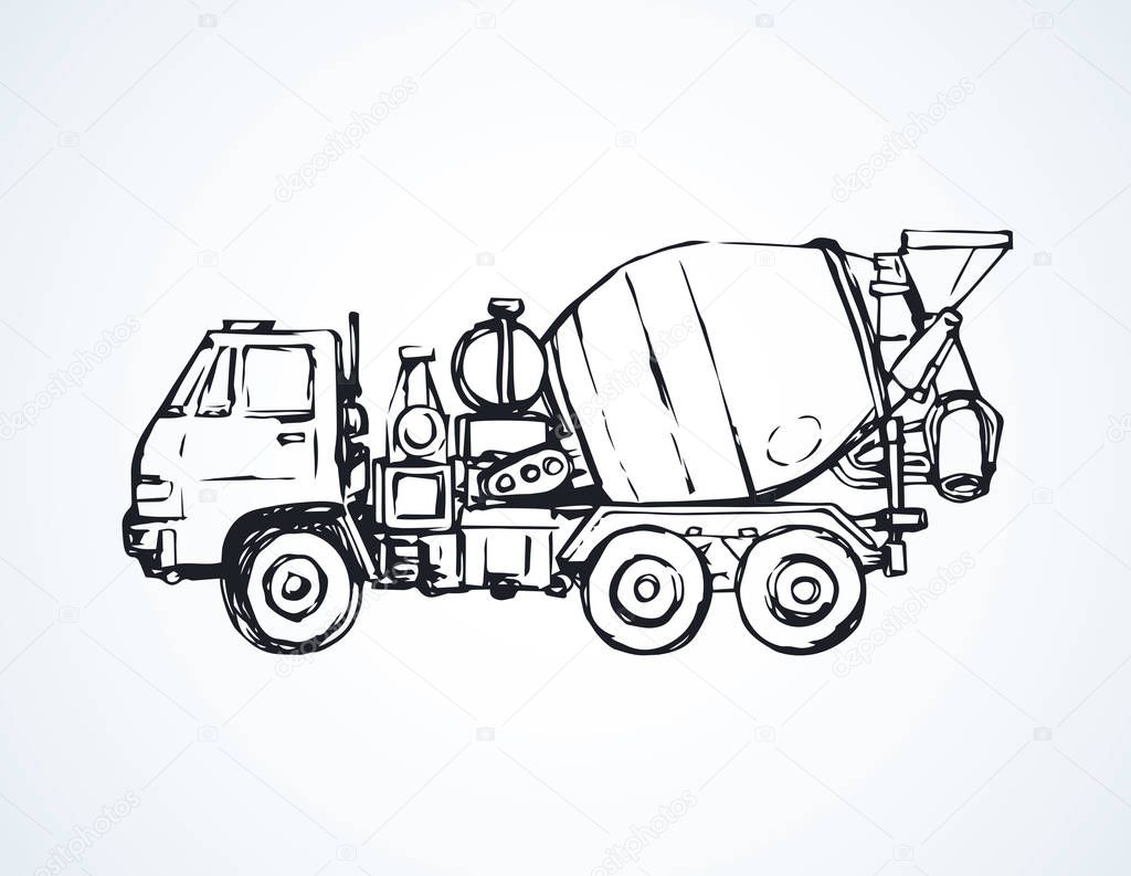 Big scrambler drum container on white road backdrop. Freehand line black ink hand drawn logo pictogram emblem sketchy in art retro scribble cartoon style pen on paper. Side view with space for text