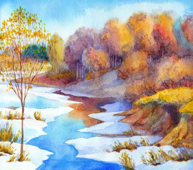 Orman Vadisi kış günü akışında. Suluboya manzara