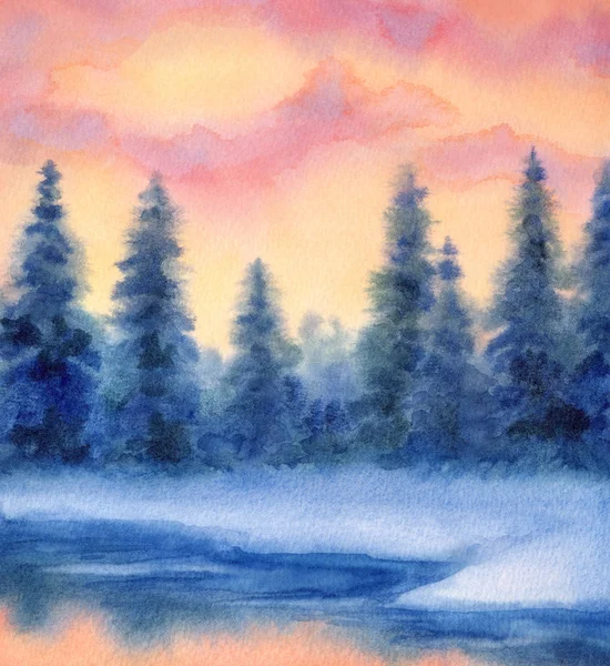 Watercolor landscape. Winter forest — Stock Photo, Image