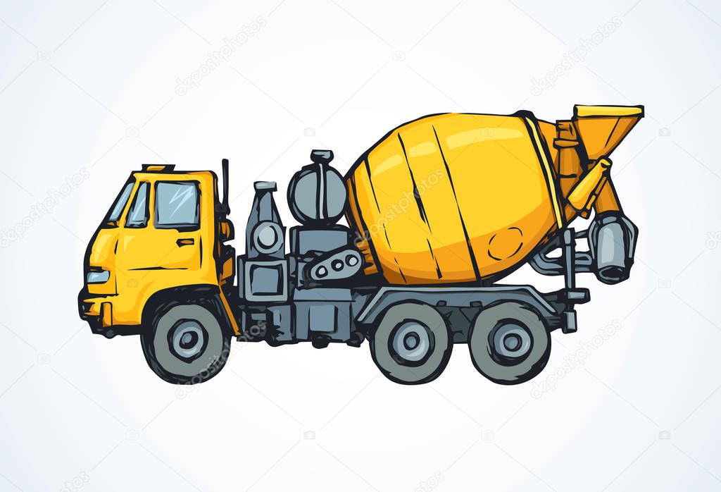 Big yellow scrambler drum container on white road backdrop. Bright orange color hand drawn logo pictogram emblem sketchy in art modern doodle cartoon style. Side view with space for text