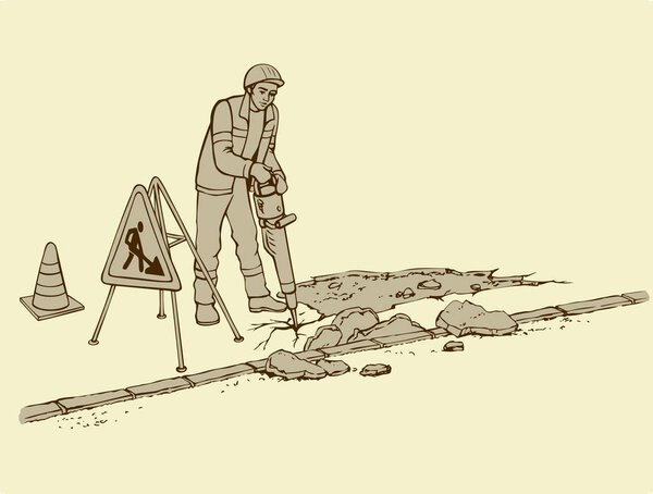 Векторный рисунок. Дорожные работы. Строитель с отбойным молотком
 