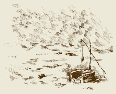 Adam ve deve, iyi çöl solmuş. Vektör çizim