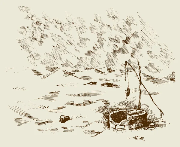 Человек и верблюды на засохшем колодце в пустыне. Векторный рисунок — стоковый вектор