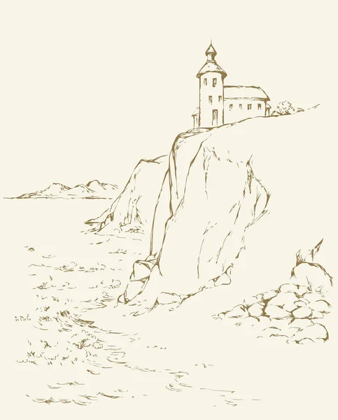 岩の上の灯台。ベクトル描画 — ストックベクタ