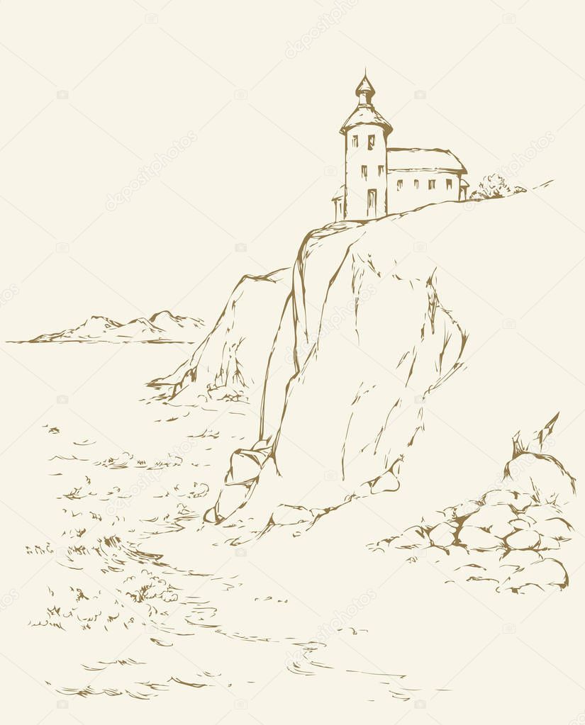 Lighthouse on a rock. Vector drawing