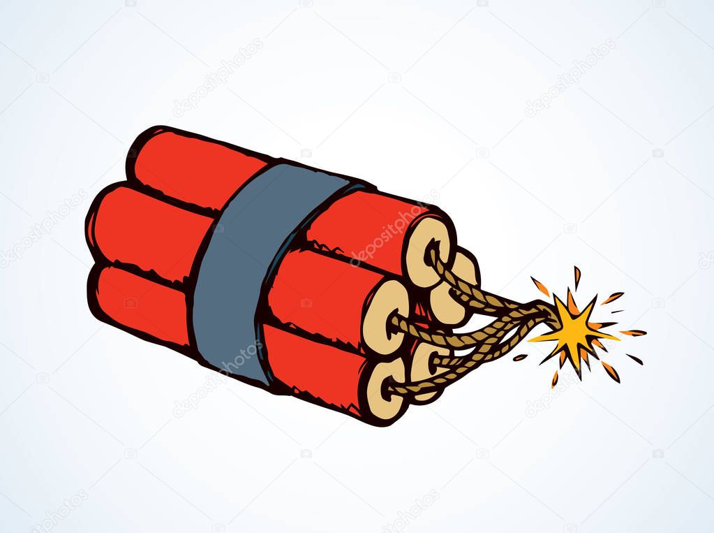 Big blast cable cord wick grenade bombshell bundle on white backdrop. Bright red color hand drawn fight object picture. Caution safety logo pictogram concept in retro art doodle style with space for text