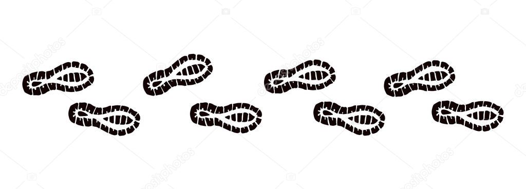 Flat shoeprint leg touch stamp set on white muddy dust backdrop. Line black ink hand drawn bootprint logotype pictogram badge in retro art contour engraved style. Detail view with space for text