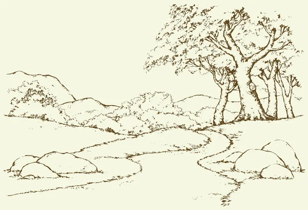 Горный пейзаж с дубами. Векторный рисунок — стоковый вектор