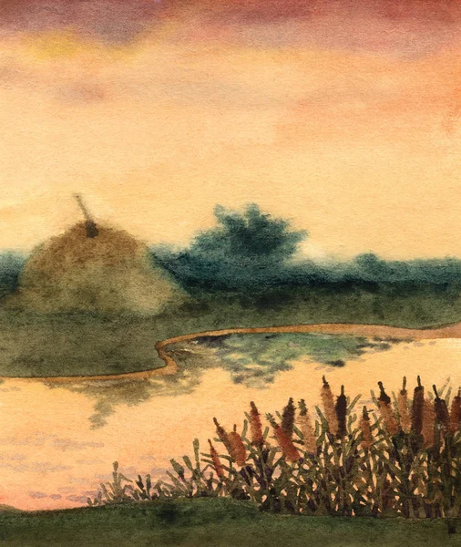 水彩风景。存量的干草上湖 — 图库照片