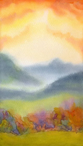 Akvarell táj. Naplementét a hegyek fölött — Stock Fotó