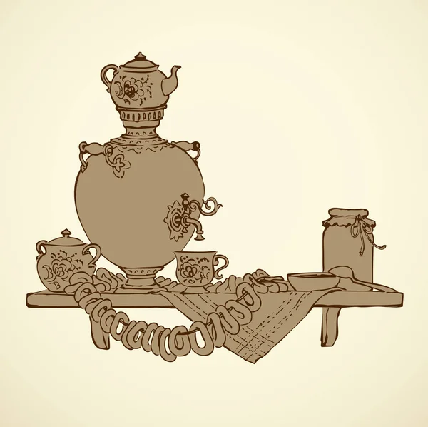 矢量素描静物茶炊、 面包和果酱 — 图库矢量图片
