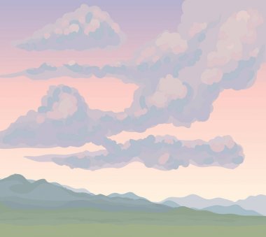 Soğuk Düzülke sis sahne pembe cennet zemin üzerinde. Parlak kasvetli renk elle çizilmiş gale rocky mount resim kroki resim sanat karikatür grafik tarzı. Rüzgarlı panoramik boşaltmak metin için