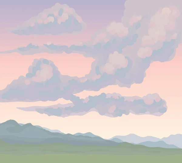 Kalter Flachland Nebel Vor Rosa Himmelskulisse Helle Düstere Farbe Handgezeichnet — Stockvektor